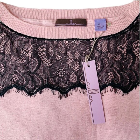 NWT Cullen Sweater Sz.L Pink Black Lace Ballet Neck Lightweight Relaxed Fit - Picture 10 of 11